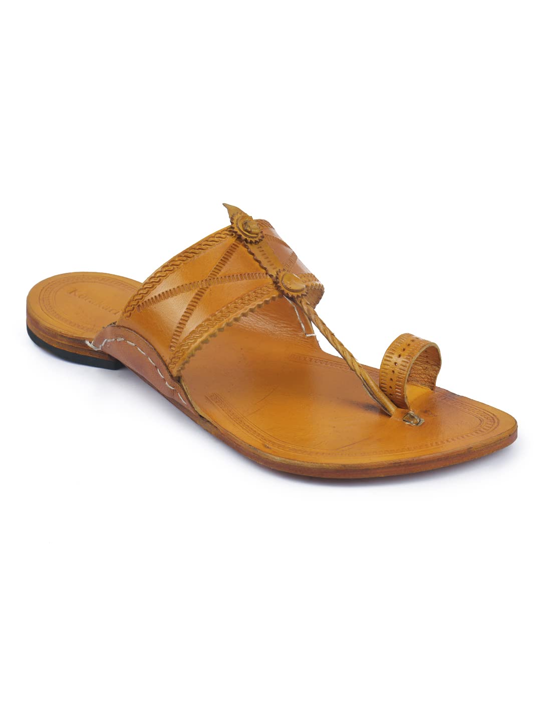 KORAKARIMen's Handmade Leather Kolhapuri Chappal Yellow Smooth and Comfortable Slipper Flip Flops Sandal Durable Sandal Anti Slip Design Traditional Footwear