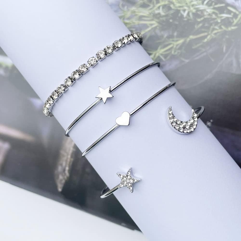 Carufin Star Moon Bracelet Boho Open Crystal Bangle Bracelets Set Jewelry for Women and Girls(Pack of 4) (Silver) - Image 4