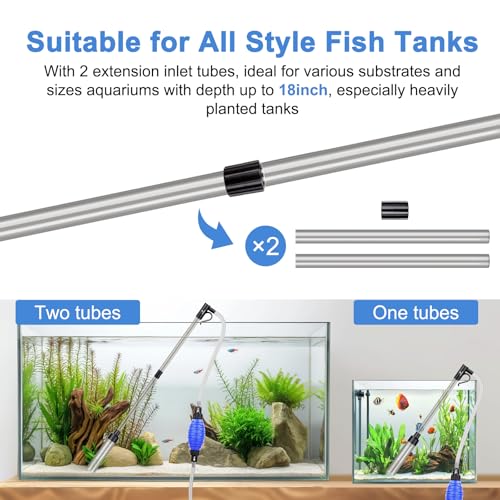 fishkeeper Quick Aquarium Siphon Pump Gravel Cleaner - 256GPH / 80GPH Adjustable Powerful Fish Tank Vacuum Gravel Cleaning Kit for Aquarium Water Changer, Sand Cleaner, Dirt Removal
