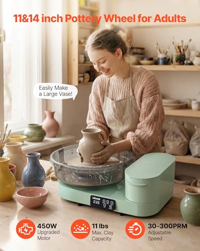 Image of VEVOR Pottery Wheel for Adults, 14 inch and 11 inch Turntables, 450W Electric Table Top Pottery Wheel with Foot Pedal, 30-300 RPM Adjustable Speed, Aluminum Body, for Beginners, DIY Clay Art Craft, Green