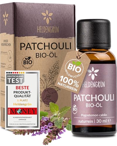 Heldengrün BIO Patchouli Öl [100% NATURREIN] - Reines Patchouli Duftöl - Patchouliöl in Parfumqualität - Nachhaltiger Wildwuchs - Ätherisches Öl