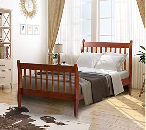 Twin Size Pine Wood Platform Bed Frame Mattress Foundation With Headboard/No Box Spring Needed/Easy Assembly, Walnut #TOP21