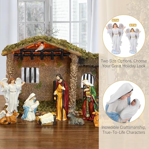Fovths 17 Pieces Lighted Nativity Christmas Indoor Scene Set Religious Nativity Stable Manger Figurine Resin Decor for Deluxe Edition LED Nativity Tabletop Holiday Centerpieces Decor Set, 5 Inch