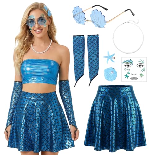 Disfarce sereia para adultos, 6 peças, acessórios para mulher: Saia sereia, luvas, ganchos de cabelo com estrelas do mar colares de pérolas óculos de sol para carnaval Halloween e Cosplay (M)