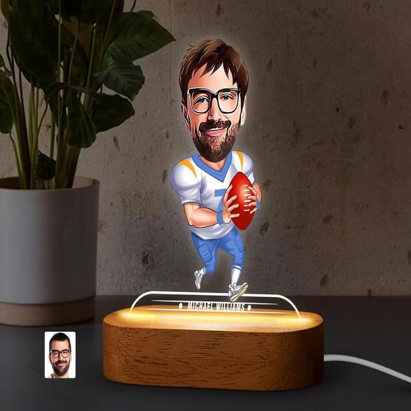THE GRANDEUR Caricature Gift for Men, Personalized Football Player LED Figurine – Custom Sports Acrylic Decor Birthday Gift for Him| Sports Athlete (15 × 6 cm)