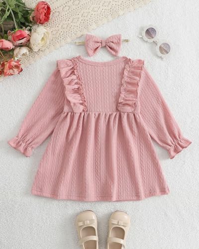 FishingDino Baby Kleid Mädchen Frühlingskleid Set Gr. 62-92, Langarm Schmetterling Baby Kleidung Mädchen mit Stirnband, Weiche Babykleidung Süßes Babykleider Set, Rosa 74