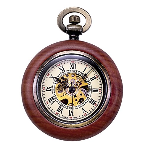 DODO DEER Vintage Wood Mechanical Pocket Watch for Men Women Steampunk Skeleton Dial with Chain Box (Brown White)