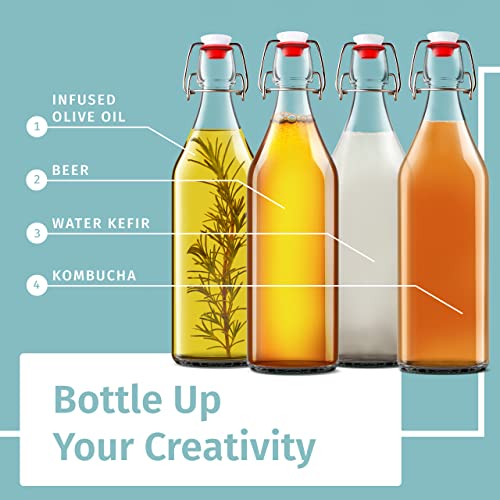 Otis Classic Swing Top Glass Bottles - Set Of 6, 16Oz W/ Marker & Labels - Clear Bottle With Caps For Juice, Water, Kombucha, Wine, Beer Brewing, Kefir Milk Or Eggnog #TOP6