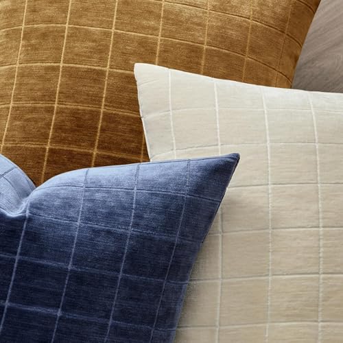 Image of MIULEE Navy Blue Plaid Decorative Throw Pillow Covers 22x22 Set of 2 | Vintage Check Chenille Couch Pillows Neutral Boho Farmhouse Cushion Covers Modern Home Decor for Sofa Bed Living Room