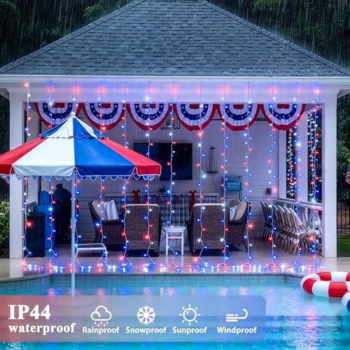 Image of JMEXSUSS 300LED Red White & Blue Curtain Lights for 4th of July, 9.8x9.8ft | Plug in, with Remote, Patriots Hanging String Lights for Bedroom, Wall, Window, Backdrop, Patio, Porch, Indoor, Outdoor Decor