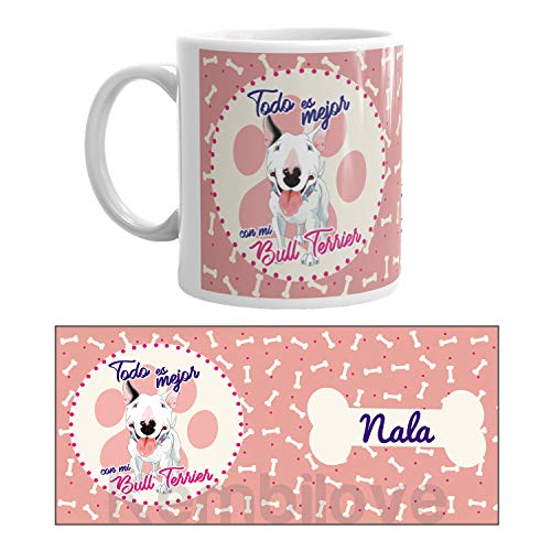 Kembilove Taza de Café de Perro Bull Terrier Personalizada con foto – Taza de Desayuno Razas de Perro – Taza de Café y Té Mascota – Taza de Cerámica Impresa – Tazas de perro Bull Terrier