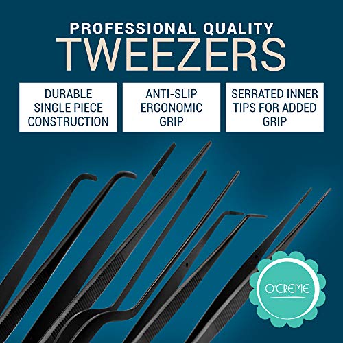 O'Creme Set of Culinary Tweezer Tongs Offset, Straight and Curved, Plus Super Sharp Chef Scissors, Total 6 Pieces (Black)