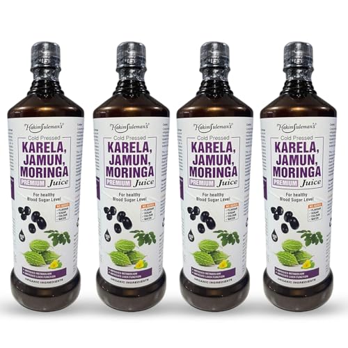 Image of Hakim Suleman's Cold Pressed Karela Jamun Moringa Juice - Natural Herbal Drink, Supports Blood Sugar & Immunity, No Added Sugar, Preservatives or Artificial Flavours - 900 ml (Pack of 4)
