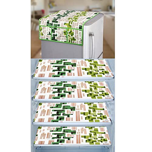 Image of Polyester 3-Layered Fridge Top Cover /Refrigerator Cover with Utility Pockets and Set of 4 Pc Fridge Mats (Color-Green, Size-39x21 Inch)