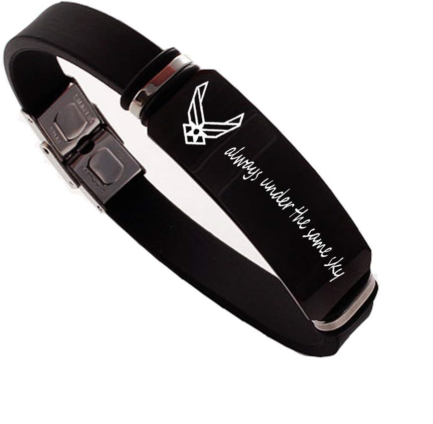 Personalized Military Jewelry Stainless Steel and Rubber Bracelets Engraved Army Sign Deployment Gift Black