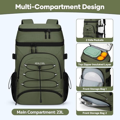 Image of RealCool 33 Can Insulated Soft Cooler Backpack, Leakproof Lunch Ice Bag | PEVA liner,16-Hour cold,Multi-Compartment, Breathable Shoulder and Back,Perfect for men,women,camping /beach /picnic /travel