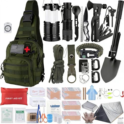 Kit de Survie, 187 Pièces Comprenant Une Trousse de Premiers Secours, Un Sac Bandoulière, Une Tente et Un Sac D'évacuation. Idéal Comme Cadeau pour Hommes et Femmes(Green)