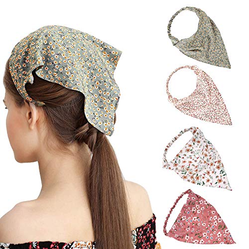 Floral Elastic Hair Scarf Headband - 4 PCS Chiffon Head Kerchief Printed Hair Bandanas Hair Scarves with Hair Clips Hair Accessories Decorations for Women Girls