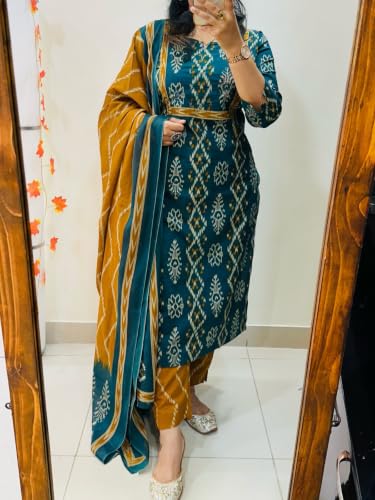 Image of ANNI Designer Women Kurta Set with Dupatta | Cotton Printed Straight Kurta Pant Dupatta Set | 3 Piece Kurti Set for Women | 3 /4 Sleeve Round Neck Cotton Suit for Daily Office Party Wedding