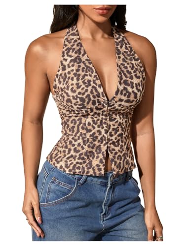 SHENHE Women's Y2K Leopard Print Halter Bustier Corset Deep V Backless Sexy Crop Top Multicolor Medium