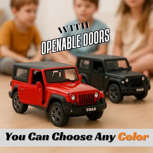 Image of MAKET Mahindra Thar 4x4 Toy Car - 1:32 Scale Die-Cast Metal SUV Model | Collectible Jeep Toy with Pull Back Action, Openable Doors & Rubber Tyres | Kids & Car Lovers (Red)