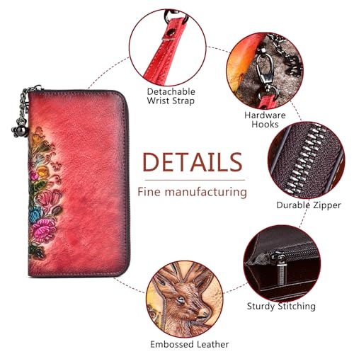 Image of Wallet Genuine Leather for Women - with RFID Blocking Card checkbook ID Slot Large Capacity Vintage style (deer red)