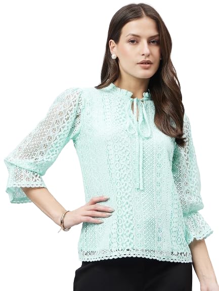Image of Style Quotient Women Summer Blue Lace Caual Top