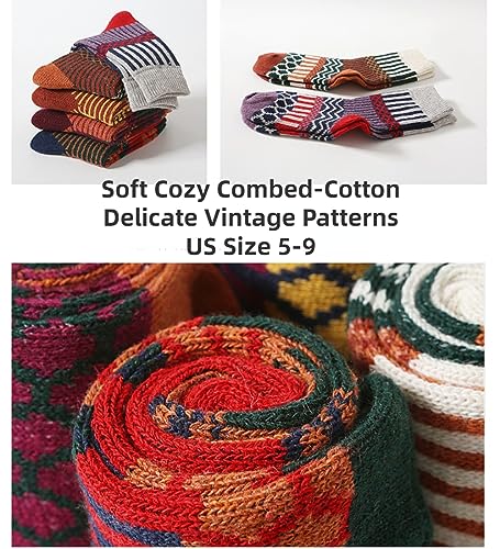 Image of 5-Pairs Vintage Knitting Stripe Reindeer Wave Pattern Women's Fluffy Cute Crew Socks Warm Soft Cotton Calf Socks