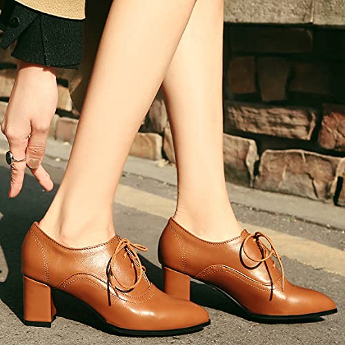 Trendenzy Women's Lace Up Oxford Heels Vintage Shoes Pointed Toe Chunky Block Heel Pumps4