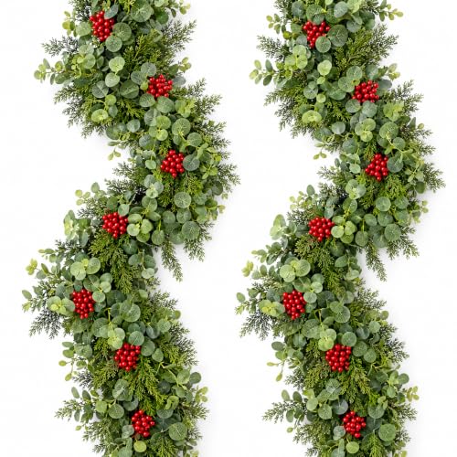 2 Unidades Guirnalda Eucalipto, 1,8M Guirnalda con Hojas Verdes Bayas Rojas | Guirnaldas Eucalipto Navidad, Plantas Artificiales Colgantes para Arco de Bodas, Hogar, Chimenea, Escalera Decoracion