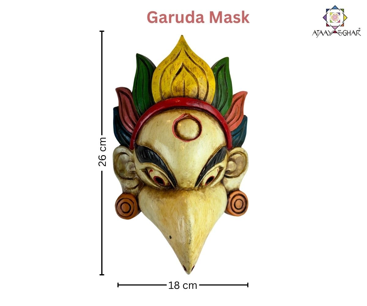 AJAAYABGHAR Tibetan Garuda Mask, Hand-Carved Wood, 26 cm, Off white color 1