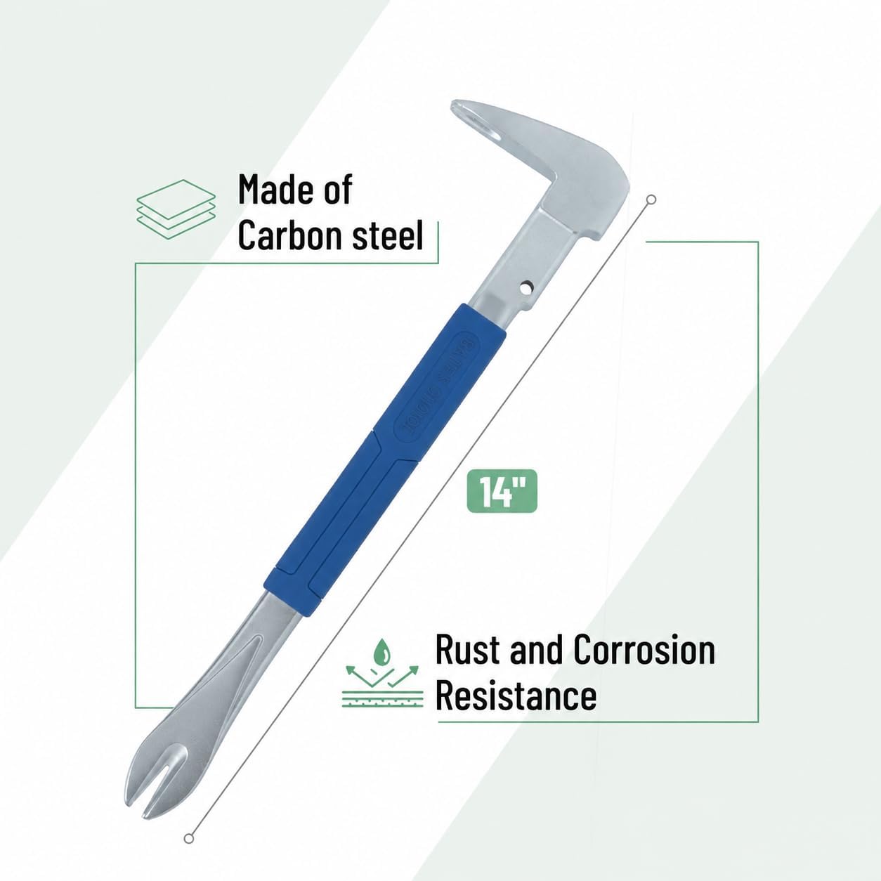 Bates- Pry Bar Nail Puller Tool, 14 Inch, Carbon Steel, Anti-Slip Grip