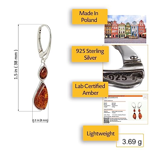 Pendientes de plata de ley con ámbar báltico miel Samara de diseño artesanal 2