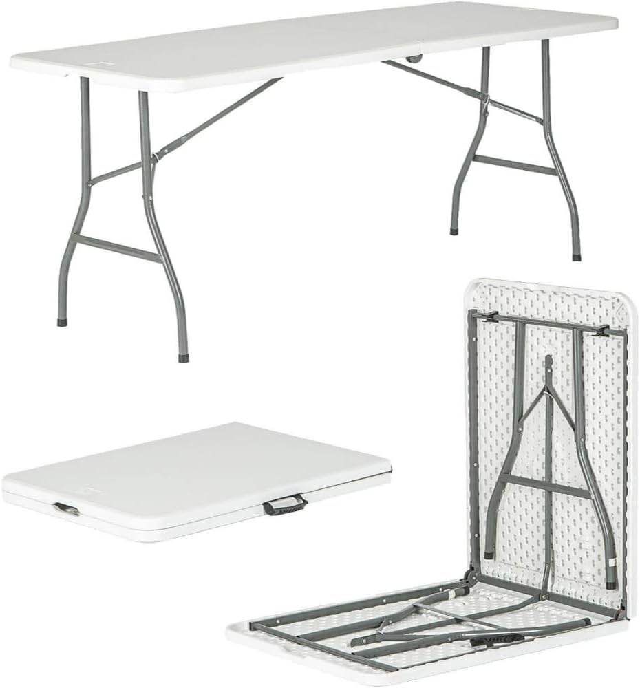 SKY-TOUCH Folding Lightweight Trestle Outdoor Camping Table,Heavy Duty Plastic Outdoor Folding Picnic Table,Folding Trestle Table For BBQ Party, Folds in Half with Carry Handle,White(180×75×75cm)