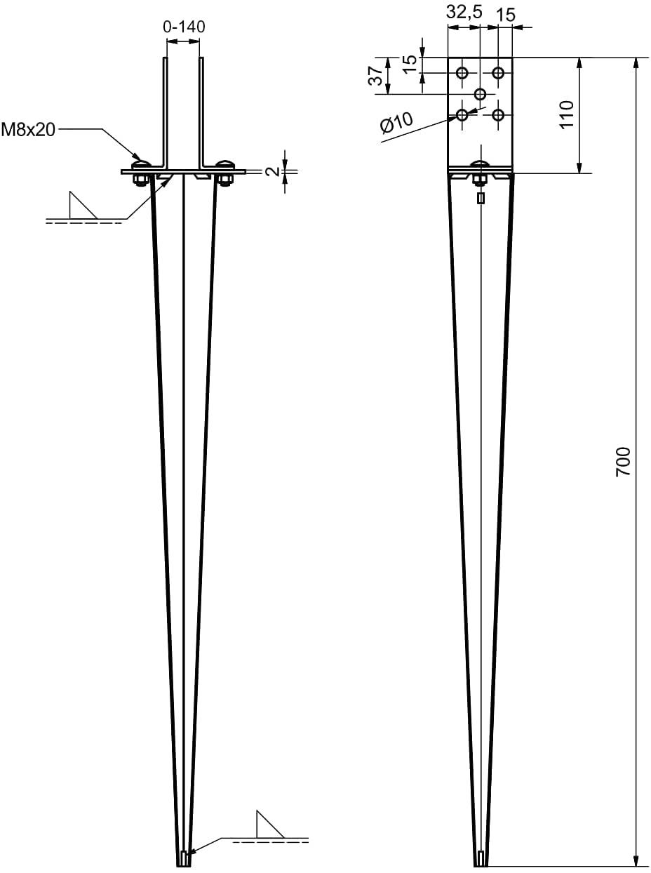 Supporto per palo, 0 – 140 mm, regolabile, manicotto di arresto a terra, con manicotto azionato a fuoco