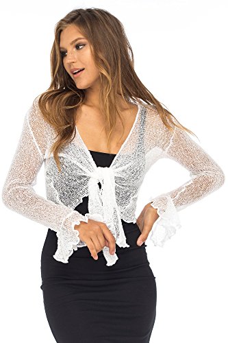Back From Bali Womens Sheer Shrug Bolero Long Sleeves Cropped Cardigan Lite Bell Sleeves, White, Large