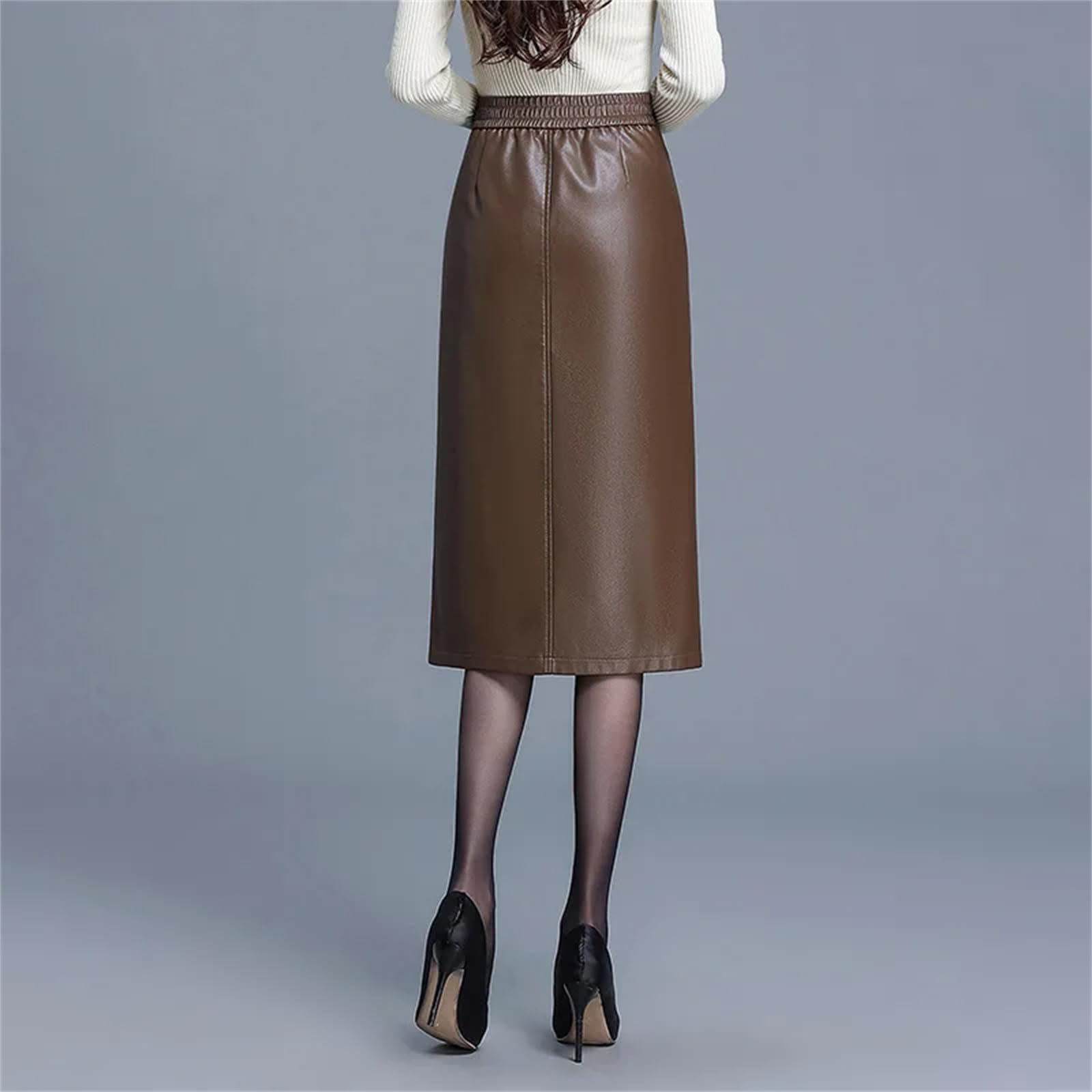 Falda de cuero para mujer, falda de piel sintética de invierno de cintura alta, falda recta, falda midi casual