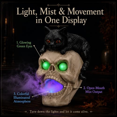 Estatua de Calavera de Halloween con Gato Negro, Máquina de Humo con Ojos LED que Brillan, Centro de Mesa Gótico de Resina de Mármol Artificial Pintada a Mano para Repisa miniatura 4