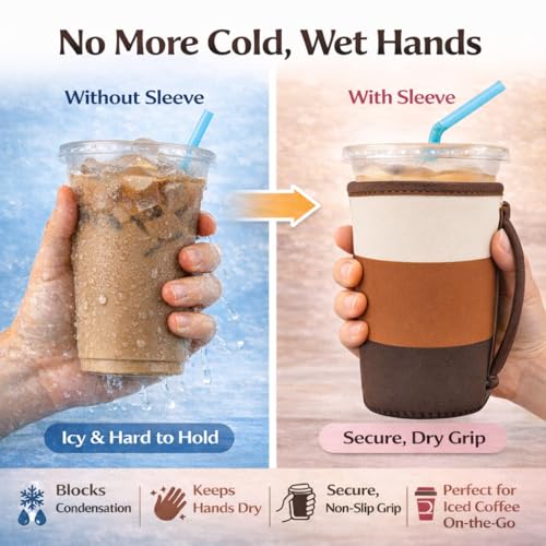 Image of KJQJLY 3 Pack Reusable Iced Coffee Sleeves for Iced Coffee Cups or Drinks Reusable Neoprene Insulated Sleeves for Hot and Cold Drinks from Starbucks, Dunkin, And More (Mocha Brown)