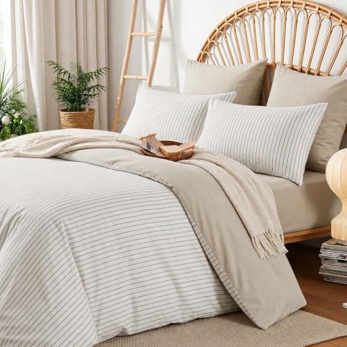 Image of Nayoroom White Striped Duvet Cover Queen Reversible Taupe Bedding Set