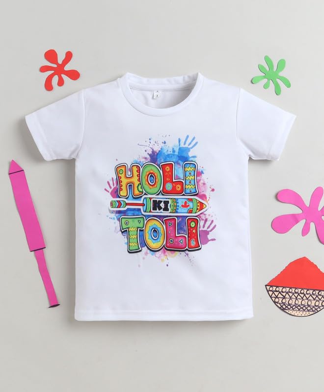 Image of The Magic Wand Kids Holi Festival Theme Printed T-Shirts, Girls Top, Boys Kurta Multicolored for Kids Baby Boys and Girls, Traditional Indian Wear Dress for Holi