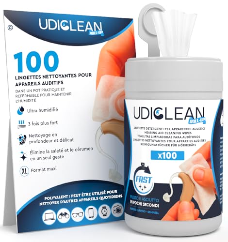 100 Lingettes de Nettoyage et Humides pour Appareils Auditifs Udiclean - dans un Distributeur Refermable à Économie d’Humidité - Lingettes Maxi et Résistantes de Haute Qualité