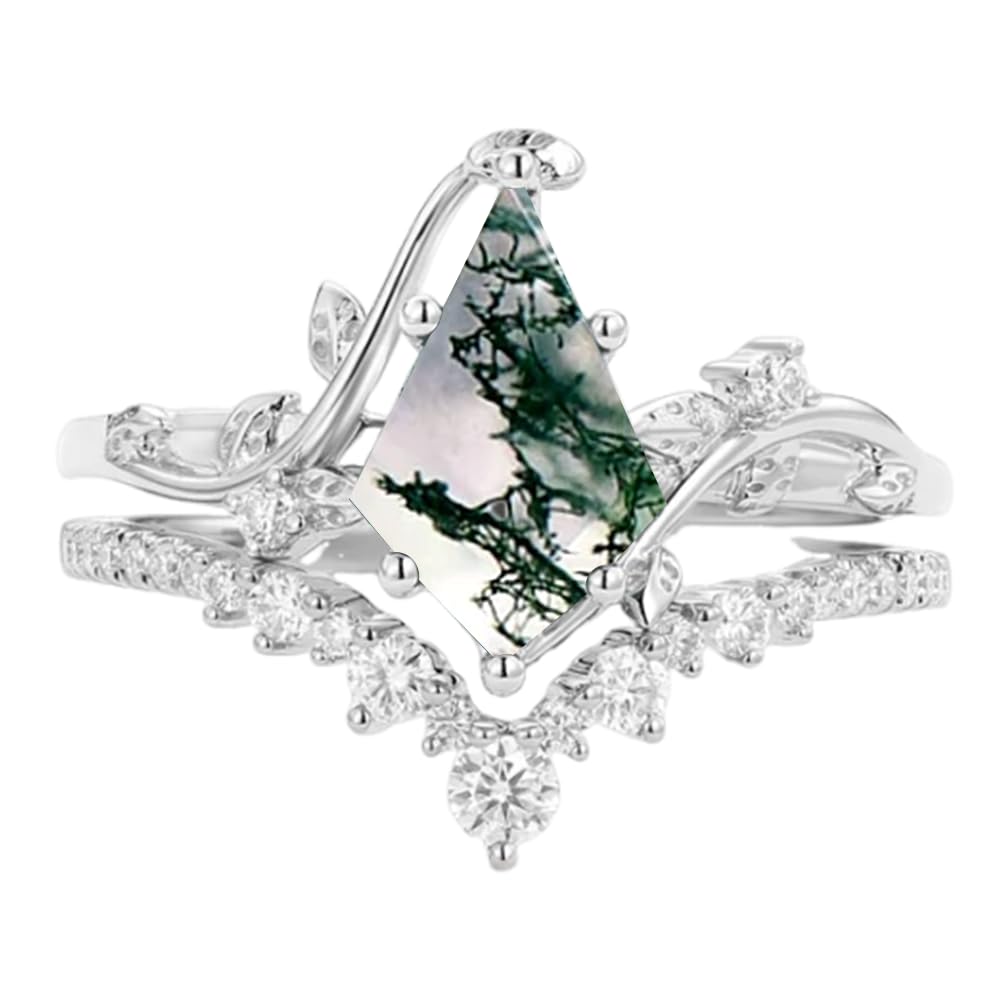 Natural Moss Agate Ring Set for Women with Moissanite 1CT Center Kite Cut Natural Moss Agate Wedding Ring Set Leaf Engagement Ring Set 925 Sterling