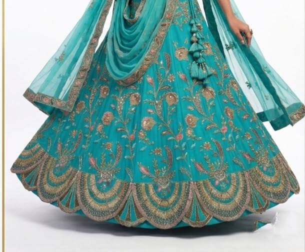 Image of Women's Firozi Georgette Embroidered Lehenga Choli with Dupatta, Heavy Floral Embroidery, Zari Work, Bridal Wear
