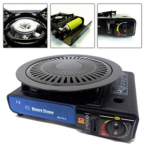 Camping Gaskocher Gas Kochfeld Gasherd kompakter Outdoor Campingkocher Blau mit Grillaufsatz ohne Gaskartuschen