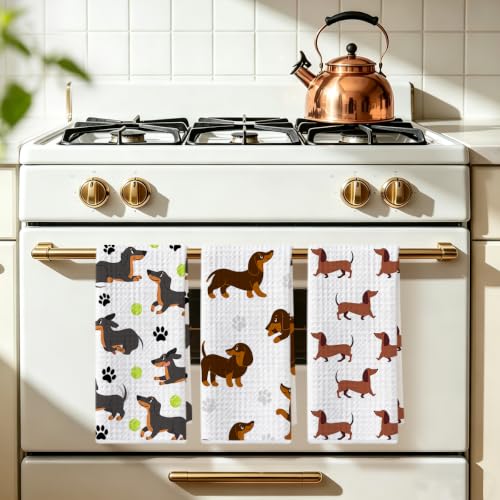 Image of 3 Pcs Cute Dachshund Kitchen Towels, Dachshund Gifts Reusable Dish Towels | Waffle Weave Absorbent Hand Towel for Kitchen Bathroom Decor, Cute Weiner Dog Gifts for Women Mom Friend 24x14 Inch