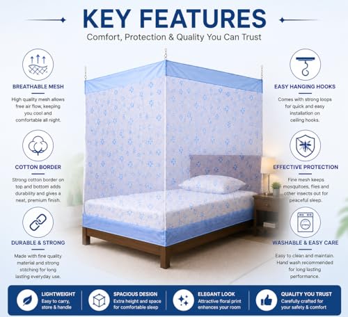 Image of ANS Single Bed Mosquito Net for Bed Floral Print with Cotton Border, Breathable Free Air Flow Mesh, Hanging Mosquito Net for Single Bed, 3.5 x 6.5 ft, Height 5 ft, Blue Floral