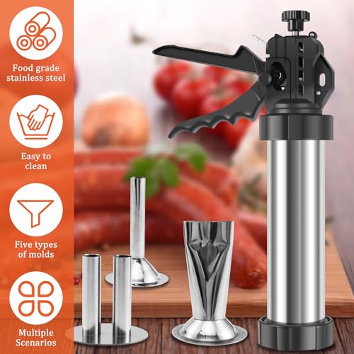 Large Capacity Jerky Gun Kit, Stainless Steel Beef Jerky Gun with 5 Nozzles, Sausage Stuffer and Jerky Maker, Includes Meat Pusher and Cleaning Brushes, Perfect for Homemade Jerky and Sausages - Thumbnail 5