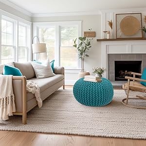 COTTON CRAFT Round Pouf - Hand Knitted Cotton Braid Cord Cable Dori Ottoman - Foot Stool - Floor Pouf Footrest Accent Seat Furniture Bean Bag - Living Room Kids Room Nursery Dorm Décor - 20x14 - Teal COTTON CRAFT Round Pouf Hand Knitted Cotton Braid Cord Cable Dori Ottoman Foot Stool Floor Pouf Footrest Accent Seat Furniture Bean Bag Living Room Kids Room Nursery Dorm Decor 20×14 Teal