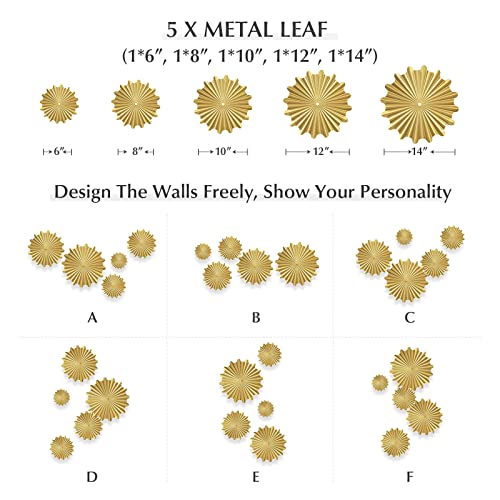 Teipai Gold Wall Decor For Living Room, 5Pcs Starburst Modern Bedroom Decor Above Bed, Large Metal Art Floating Sculptures For Home Office Guest Room, Horizontal Or Vertical Display #TOP3